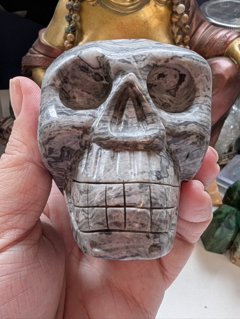Hand-Carved Natural Polished Gray Zebra Jasper Quartz Crystal Skull  ☠️💀☠️
